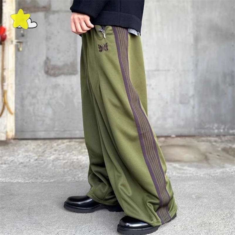 2024 Olive Green Wide Leg Sweatpants Men Women Top Quality Butterfly Embroidery Pants Jogger Drawstring Striped Trousers 240911
