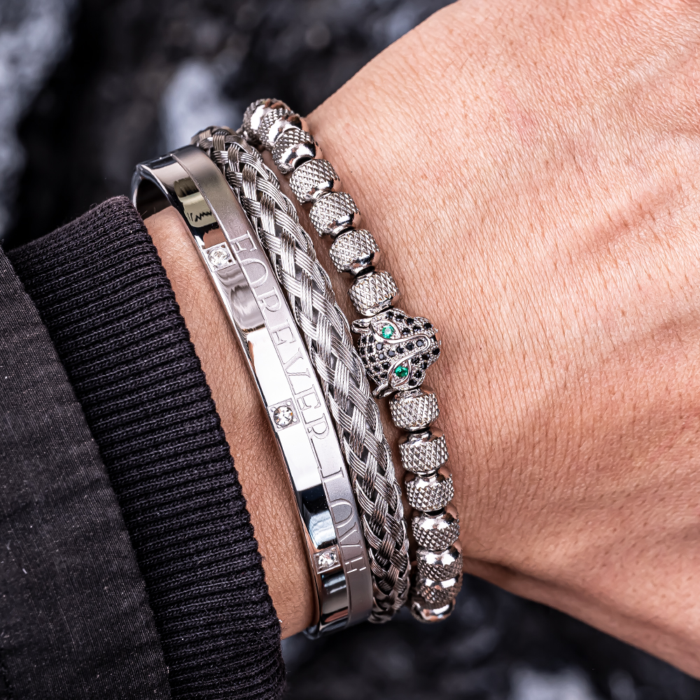 3pcs/set Men Bracelets Classical Handmade Braiding Bracelet Hip Hop Men Pave CZ Leopard Head Roman Numeral Bracelet Stainless Steel Jewelry
