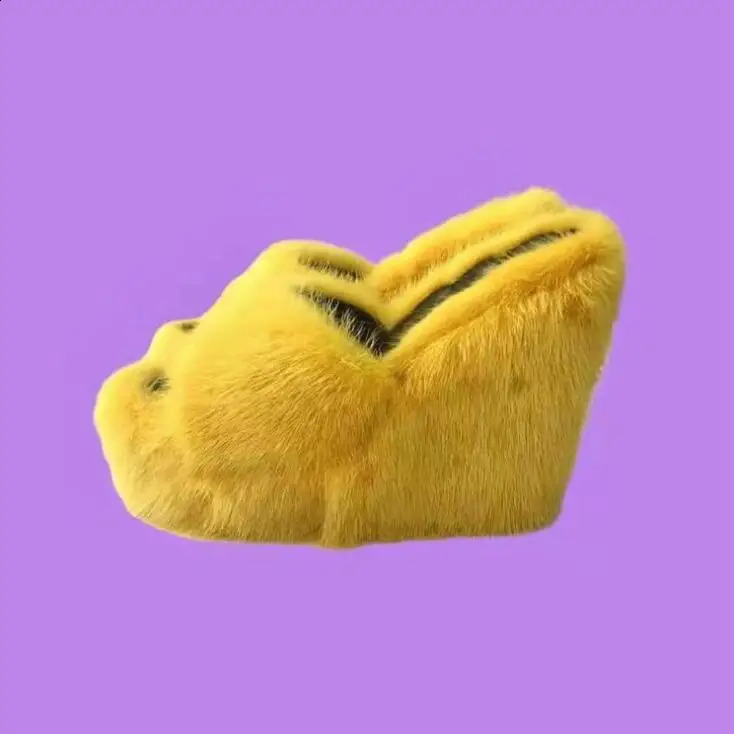 2024 women feminine high-heeled fur drag outdoor all-match shoes slippers round head wedges with mink fur ms slippers 240914