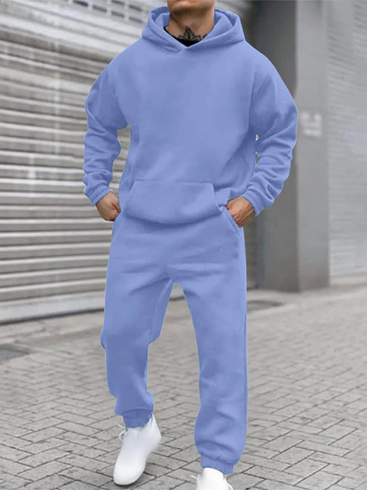 Autumn Solid Plus Velvet Tracksuit For Male Long Sleeve Hoodie Straight Sweatpants 2 Piece Set Mens Hooded Sweatshirt Outfits 240918