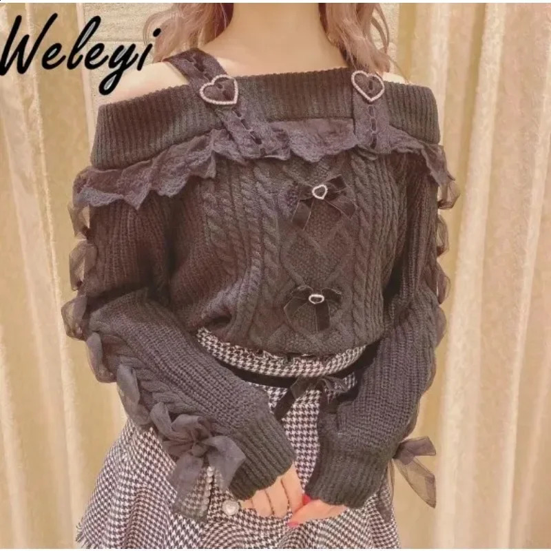 Jirai Kei Girl Knit Jumper Autumn Japanese Style Lolita Sweet Mine Off Shoulder Strap Lace Charming Knitted Sweater 240912