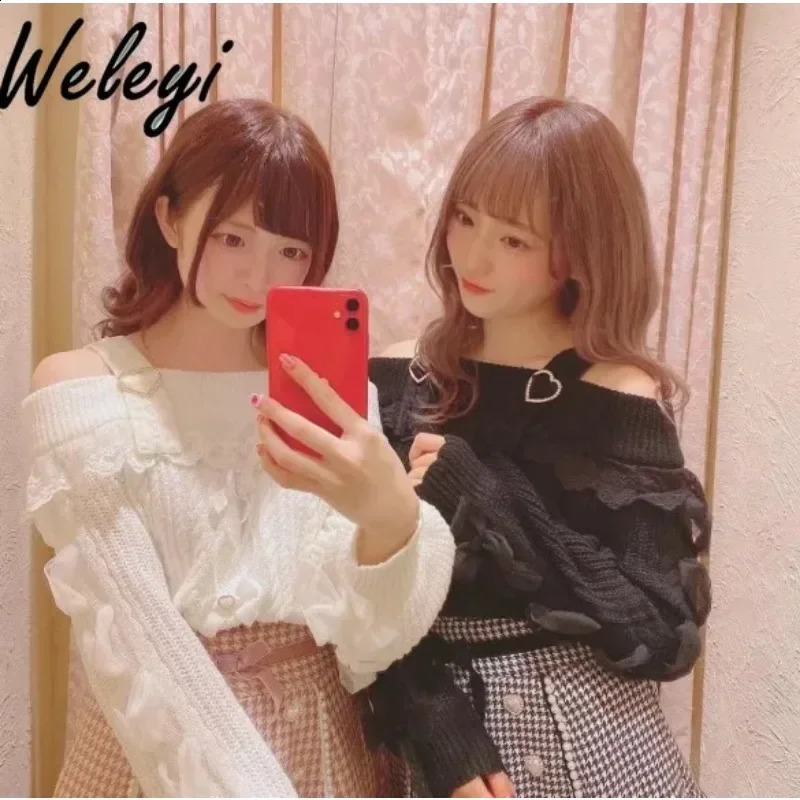 Jirai Kei Girl Knit Jumper Autumn Japanese Style Lolita Sweet Mine Off Shoulder Strap Lace Charming Knitted Sweater 240912