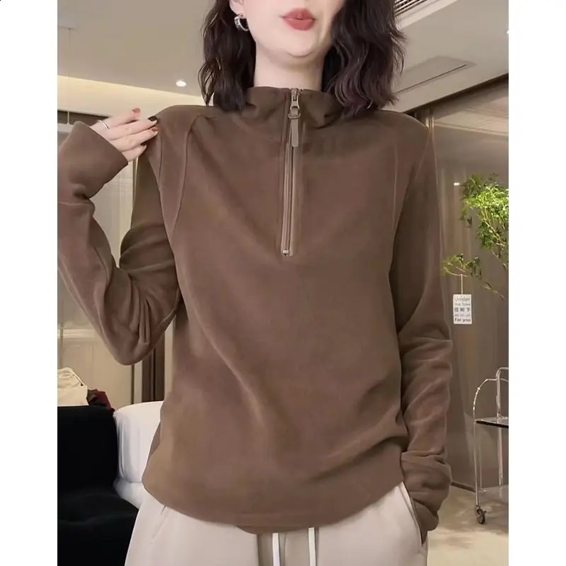 Women Trendy Half Zipper Stand Collar Simple Casual Sweatshirts Y2K Autumn Winter Female Solid Thicken Warm Basic Pullover Tops 240906