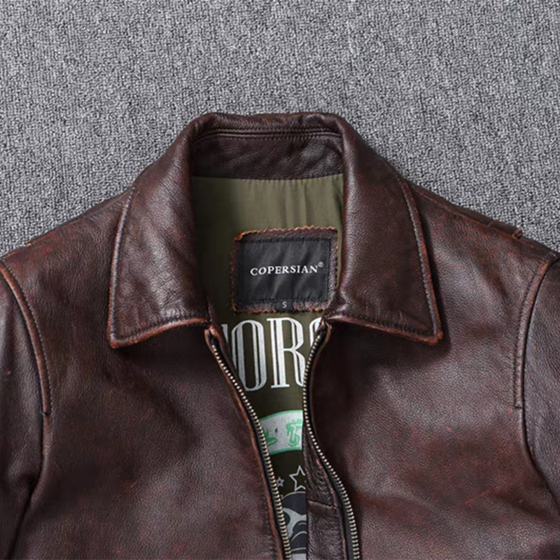 New Genuine Leather Vintage Stone Milled Top Layer Cowhide Bomber A2 Brown Men's Calfskin Motorcycle Jacket