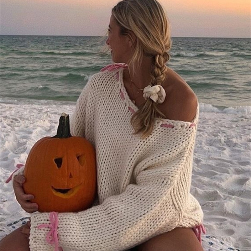 Casual Skew Neck Knit Pullover Women Loose Lace Up Sweater Female 2024 Autumn Off Shoulder Patchwork Long Sleeves Top Lady 240911