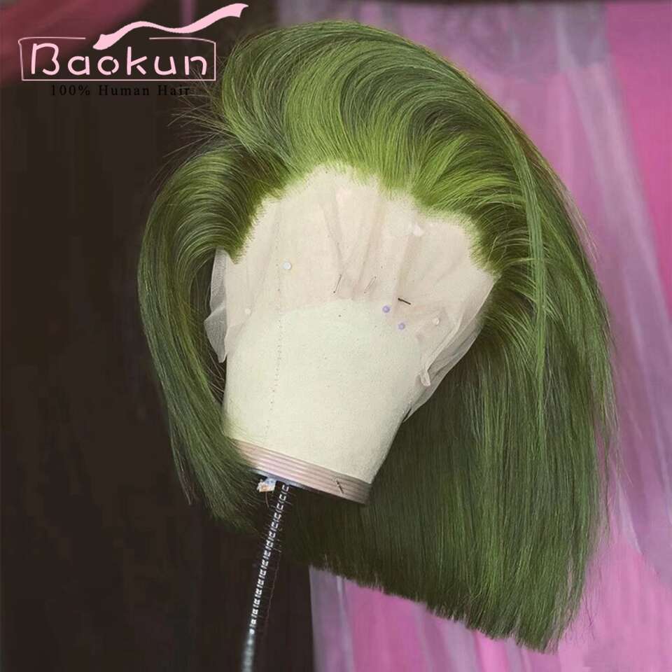 Dark Green Short 200 Density 13X6 HD Frontal Wig Pre Plucked 13X4 Bob Straight Lace Front Wigs Human Hair