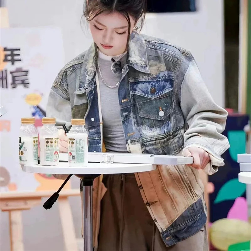 Y2k Contrast Color Back Lace Up Patchwork Denim Coat for Men and Women Windbreaker Bomber Jacket Casual Loose Jeans Clothes 240911