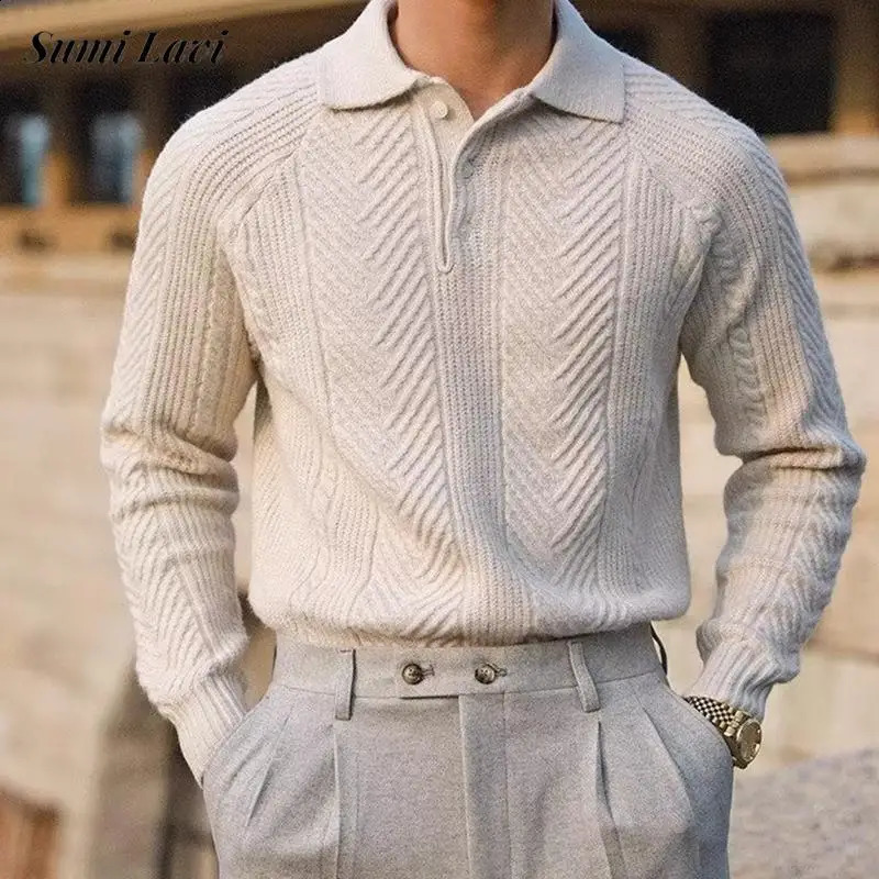 Fashionable Textured Knitted Sweater Mens Polo Shirts Long Sleeve Turn-down Collar Zipper Jumper Tops Autumn Men Knit Clothing