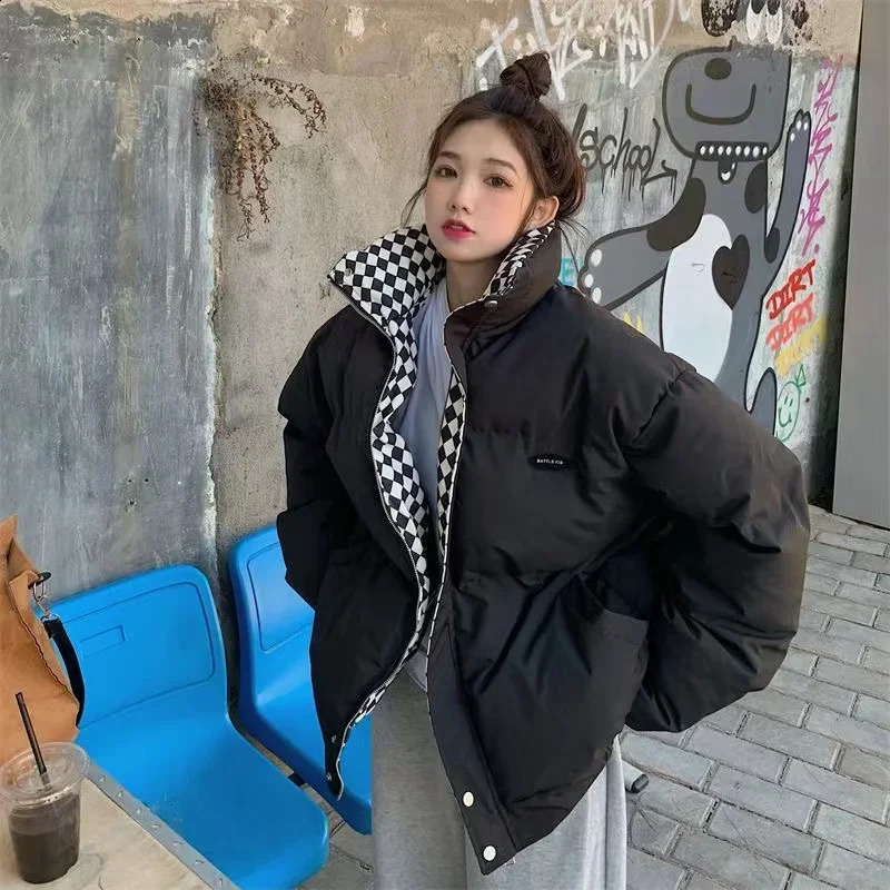 Winter Down Cotton Jacket Women Zipper Loose Padded Coat Female Solid Thickening Warm Puffer Parkas Jackets Black White 240913