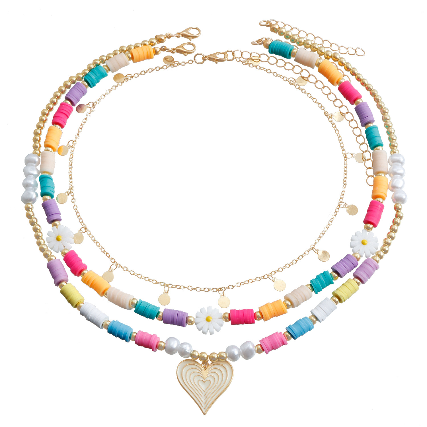 Bohemian Women's Stackable Multi-Layered Daisy Chain with Colorful Clay Heart Pendant Gold Plated Beads Chain Pendant Necklace Heart Flower Jewel