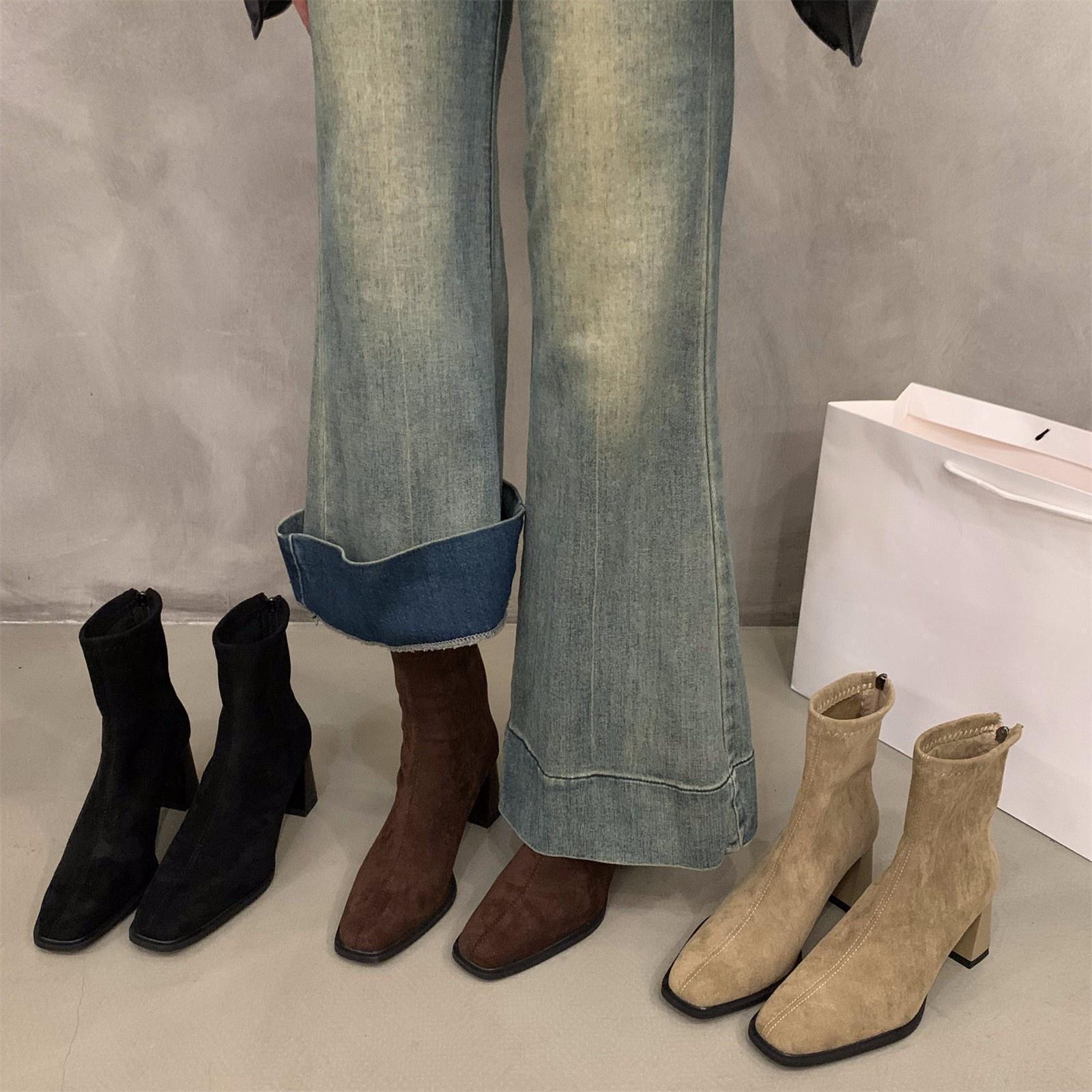 Women Boots High Heel Korean Version Simple Design Square Toe Fashion Shoes Free shipping