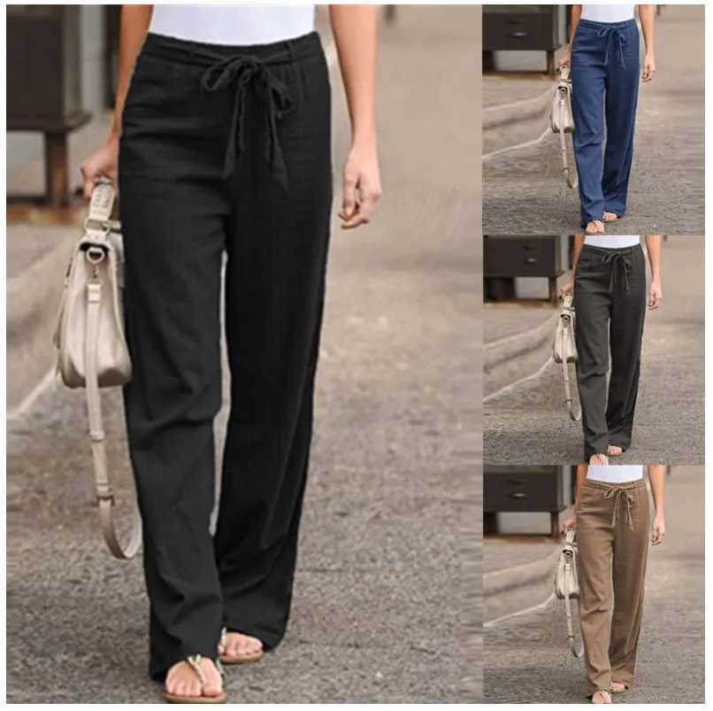 Women Cotton Linen Wide Leg Pants Casual Loose Elastic Waist Straight Trousers Female Solid Oversize Sweatpants Streetwear M240918