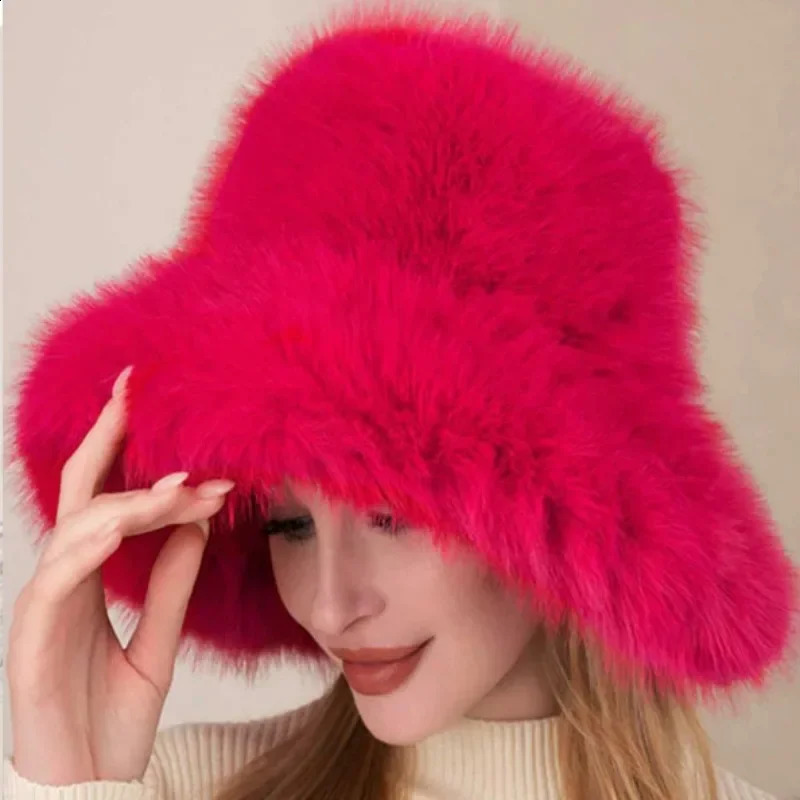 Large size fluffy faux fur bucket hat for women luxurious plush fisherman hat winter warm and thick anti cold Panama hat Y2k 240914