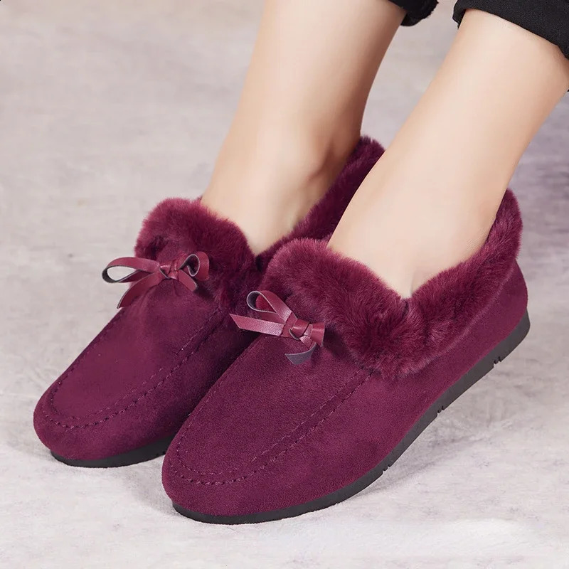 Womens Winter Casual Shoes Moccasins Soft and Smooth Loafers Fashionable Comfortable and Warm Plush Bow Smooth Womens Cotton Shoes 240914