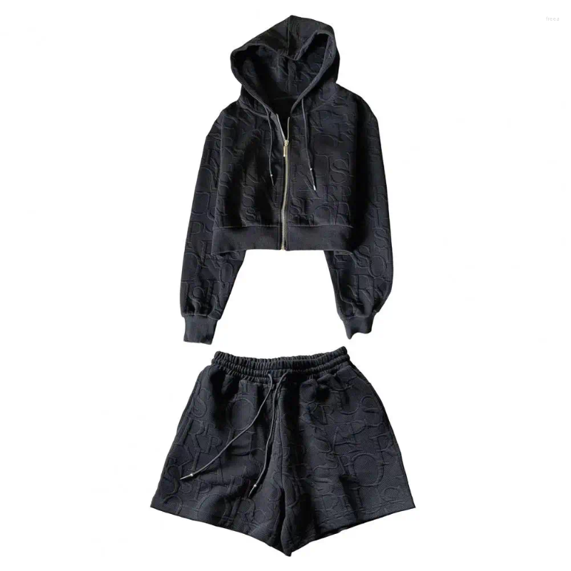 Women's Tracksuits 2 Pcs/Set Women Hoodie Shorts Suit Hooded Zip-up Long Sleeves Solid Color Short Coat Elastic High Waist Trousers Sport