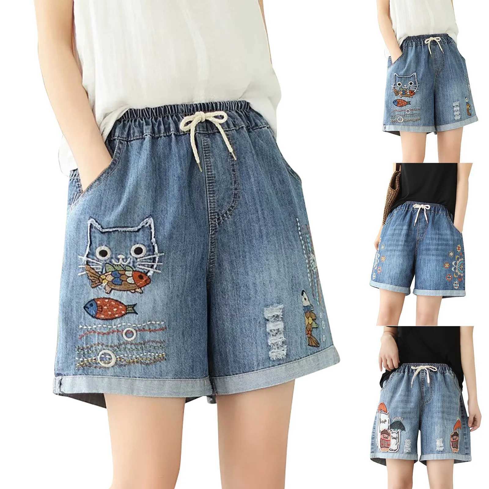 Ethnic Style Funny Cartoon Printed Wide Leg Shorts For Women Jeans Rolled Up Elastic Waist Bandage Y2k Shorts Baggy Denim ShortsX240918