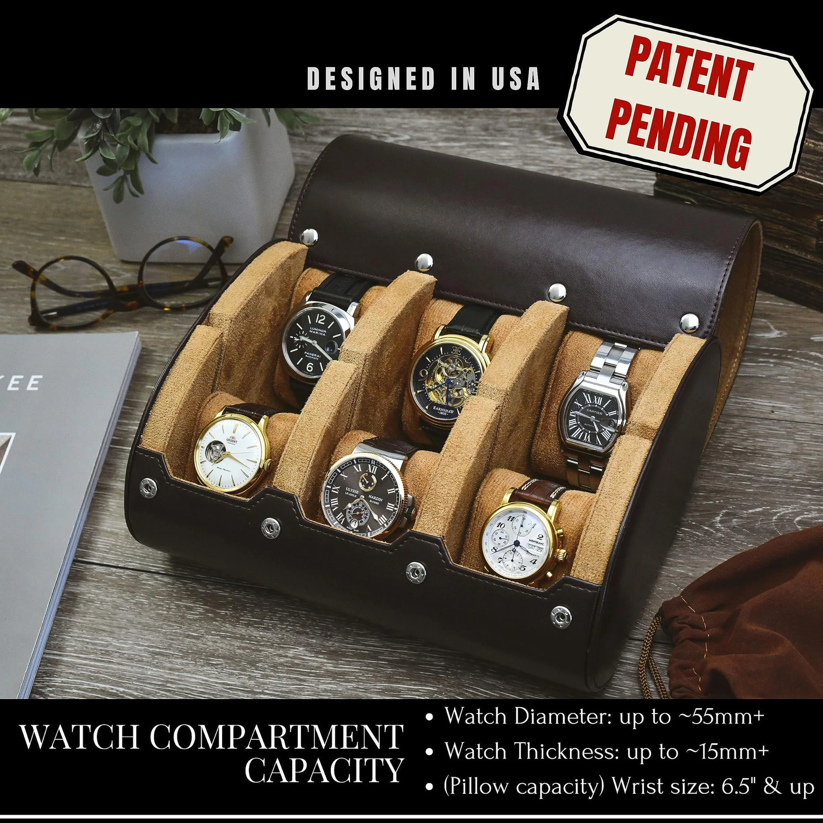Watch Travel Case 6 Slot Watch Roll Travel Case Organizer Display - PU Leather Watch Case - Watch Organizer for Men Women 240909