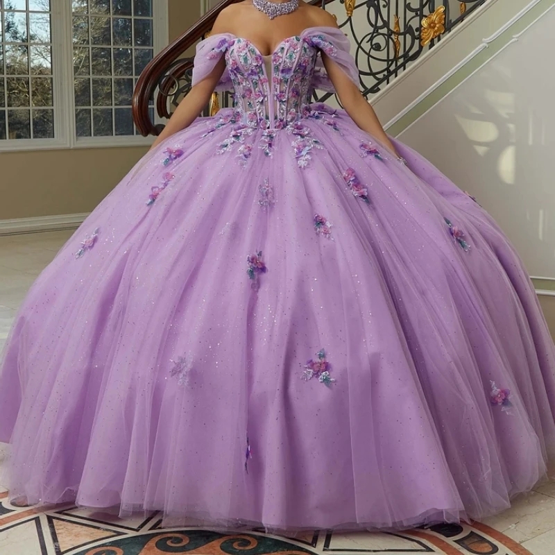 Luxury Lilac Shiny Mexican Quinceanera Dressess Off The Shoulder Applique Lace Tull Lace Up Corset Sweet 16 Dress Vestido 15 De Anos