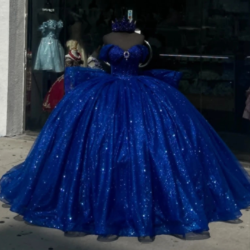 Royal Blue Mexican Quinceanera Dressess Off The Shoulder Luxury Sequin Beads Crystal Tull Vestido 15 De Anos Corset Sweet 16 Dress