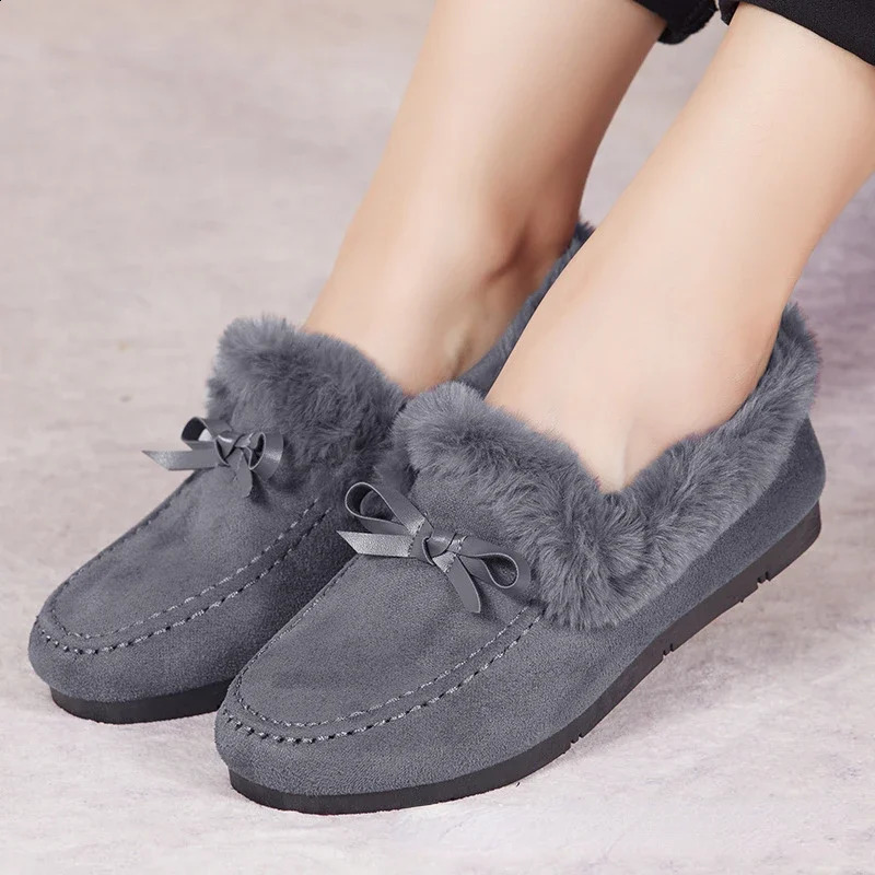 Womens Winter Casual Shoes Moccasins Soft and Smooth Loafers Fashionable Comfortable and Warm Plush Bow Smooth Womens Cotton Shoes 240914