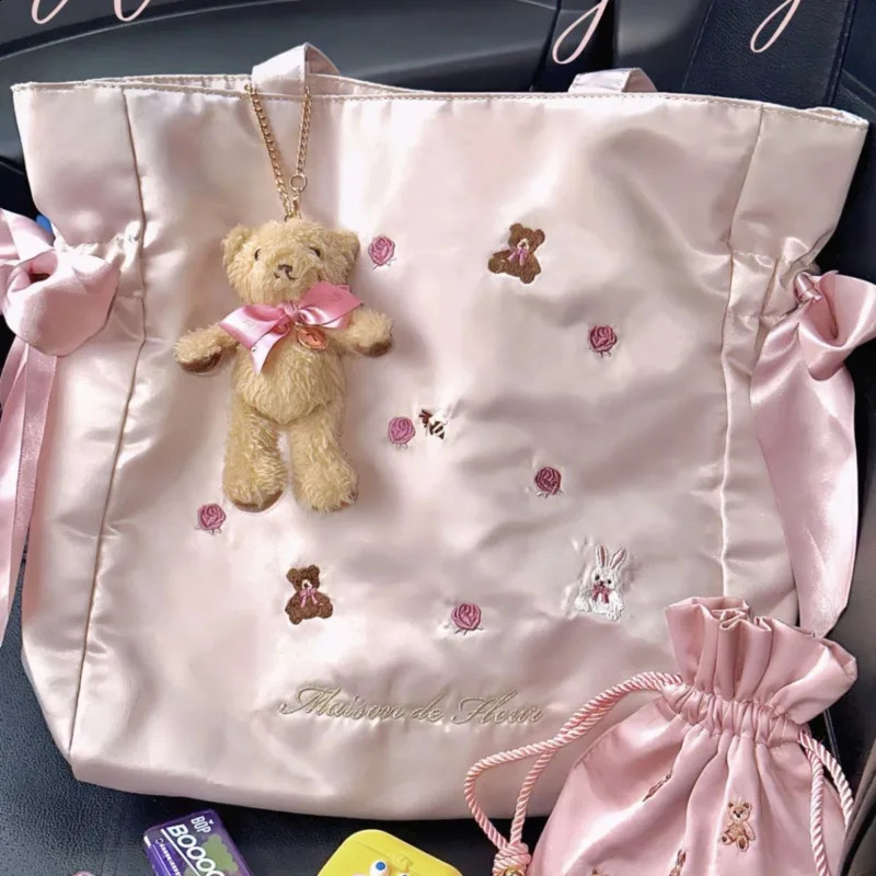 Cute rabbit bear embroidered garbage bag large capacity womens handbag Y2k retro casual pink travel shoulder bag 240918