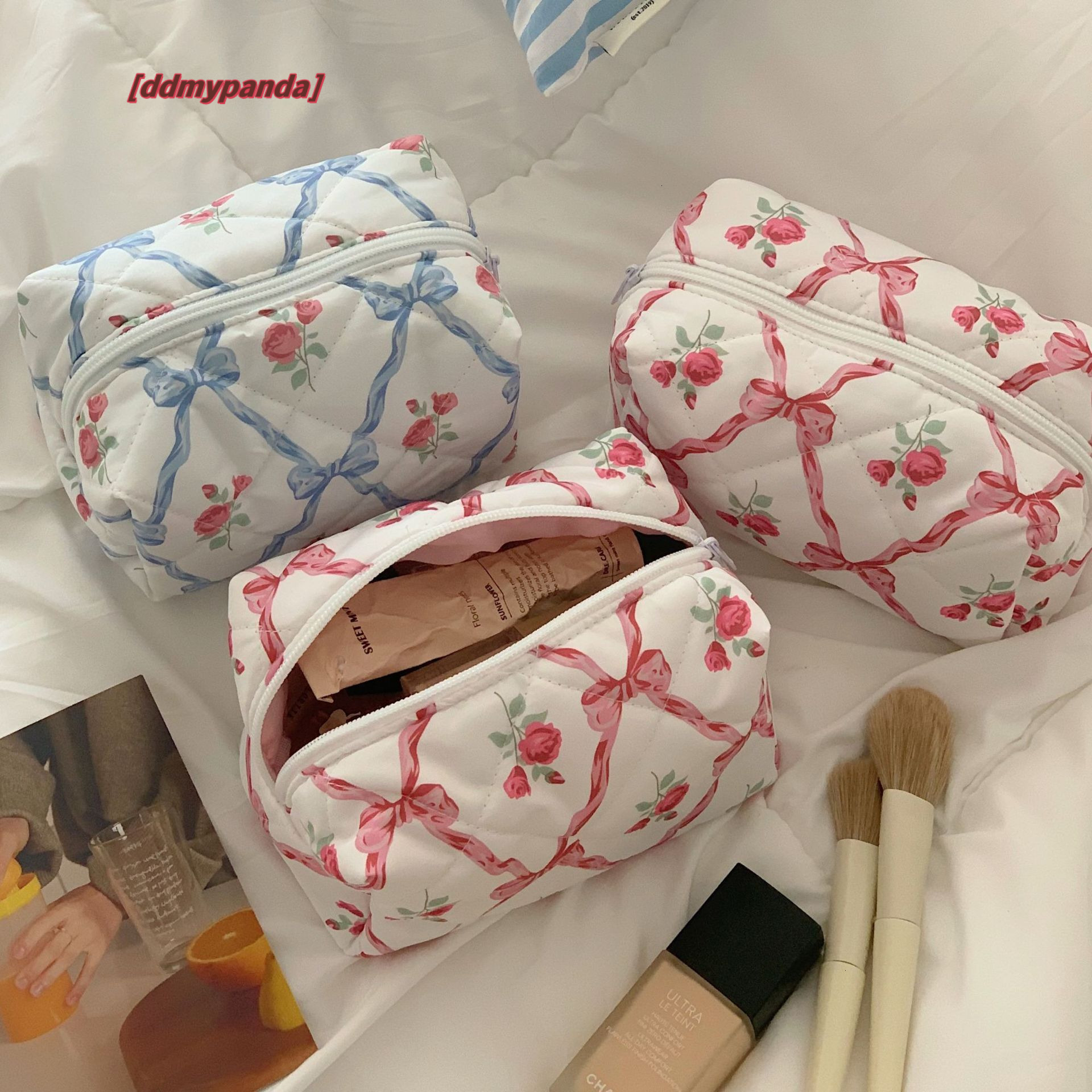 Bow Rose Pattern Women Makeup Pouch Cotton Padded Cute Cosmetic Ladies Travel Storage American Mini Organizer Clutch Bag H7.4#12 ddmypanda