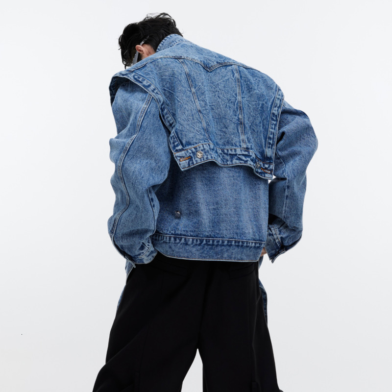 NOYMEI Niche Design Denim Coat Sleeve Detachable Vintage Washed Solid Color All-Match Loose Men Jacket Autumn High Street Wa3248
