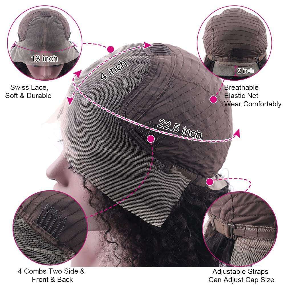 13X4 Lace Frontal Human Brazilian Deep Wave Bob Natural Haire Remy Short Curly Closure Wig Preplucked Baby Hair