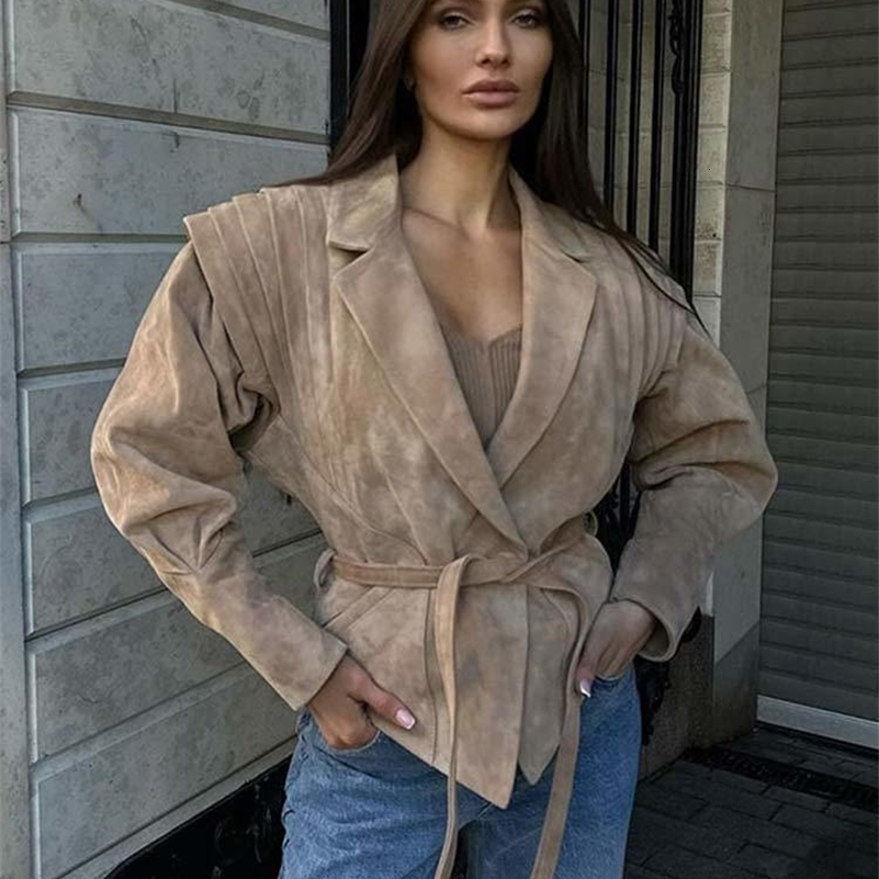 Women High Street Leather Jacket 2024 Autumn Winter Versatile Brown Long Sleeves V-neck Lace-up Coats Causal Chic Female Outwear 240911