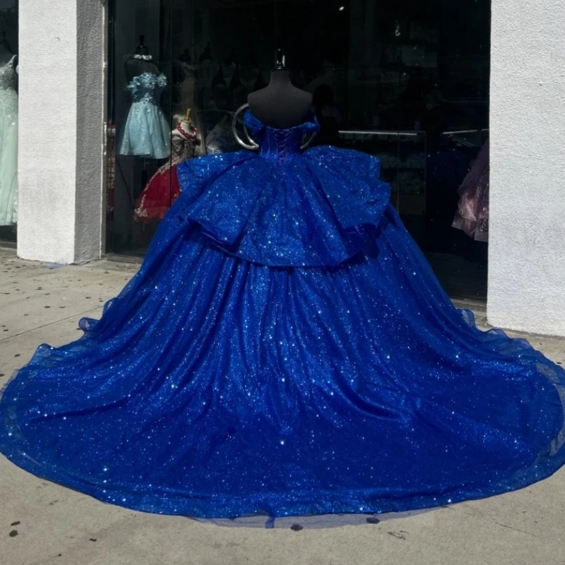 Royal Blue Mexican Quinceanera Dressess Off The Shoulder Luxury Sequin Beads Crystal Tull Vestido 15 De Anos Corset Sweet 16 Dress