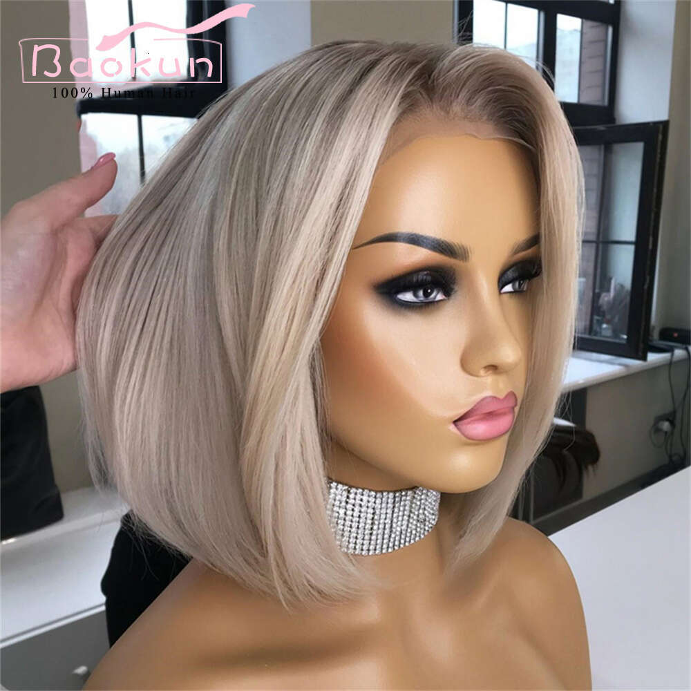 13X4 Ombre Ash Blonde Front Human Hair Wigs For Women Short Bob 360 13X6 HD Transparent Lace Frontal Wig