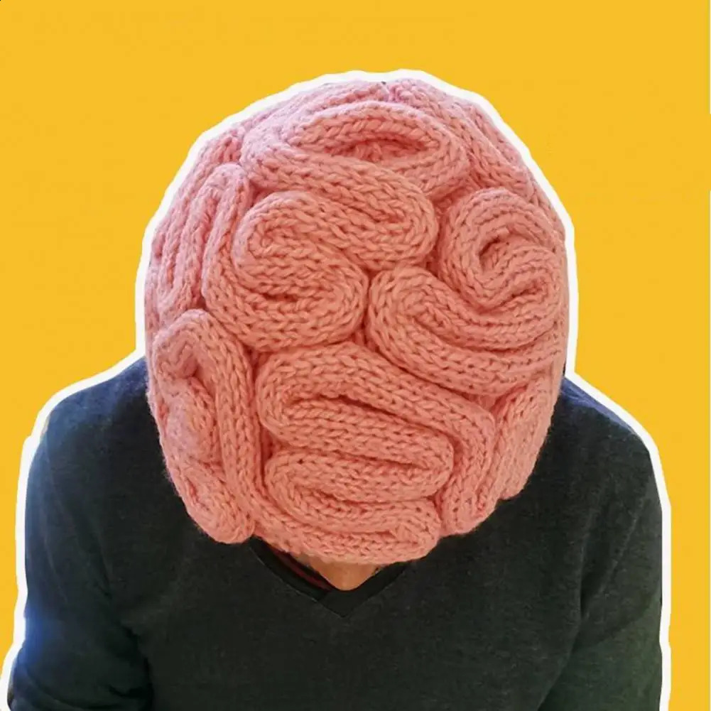 Solid color brushless hat knitted brain hat thick knitted Beanie hat winter outdoor cycling skiing fun brain design 240914