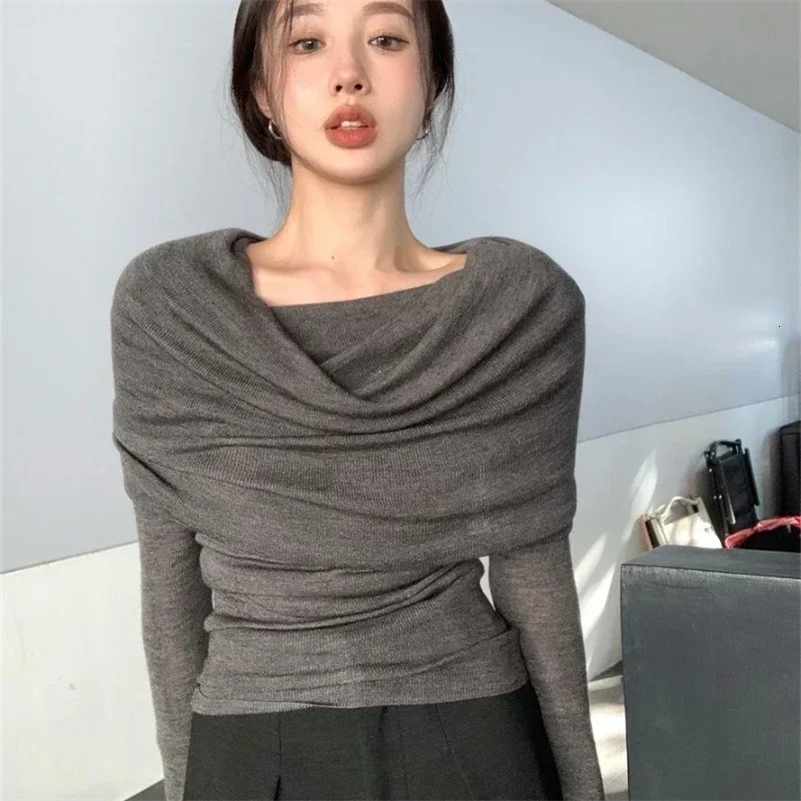 Deeptown Korean Style Knitted Sweater Women Elegant Off Shoulder Female Jumper Harajuku Fashion Gyaru Sexy Pullover Aesthetic 240911