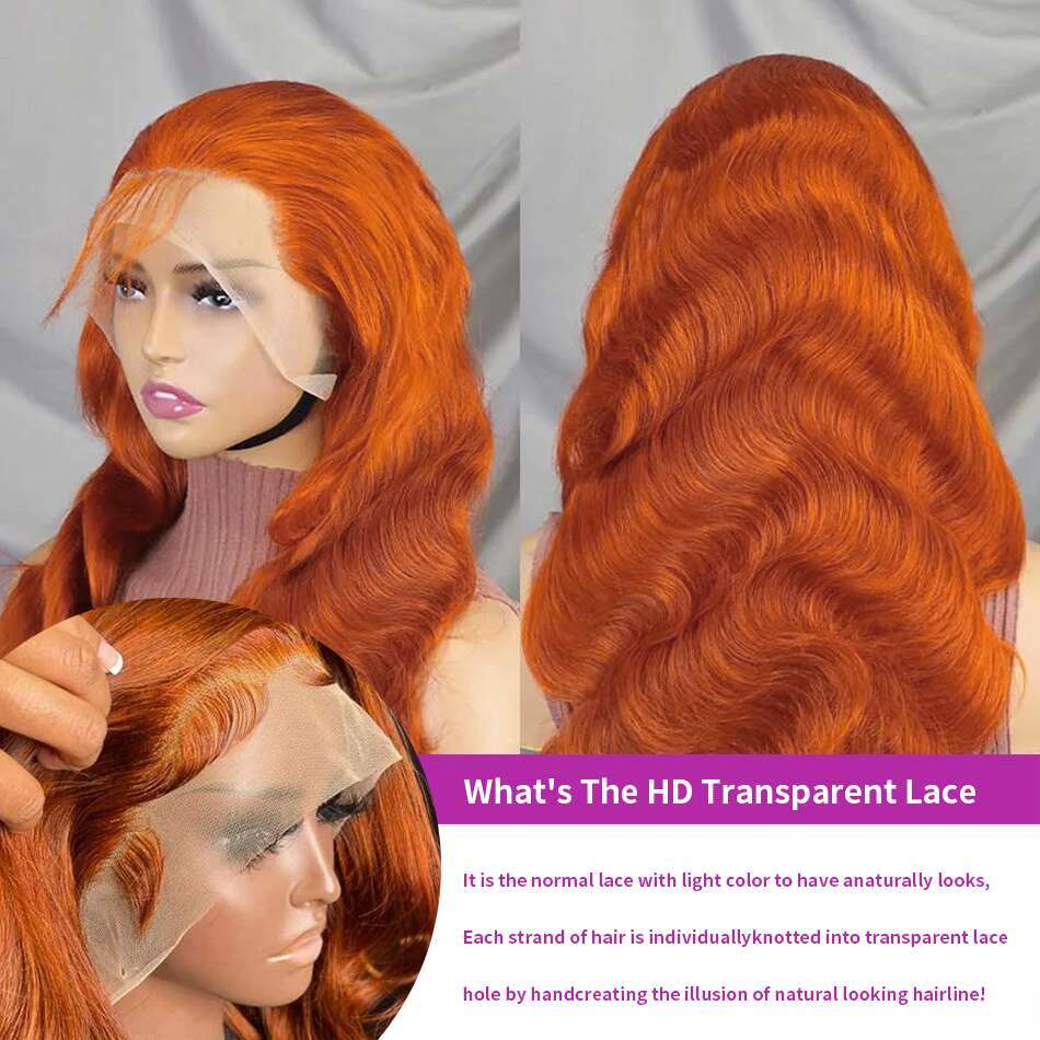 30 32 Inch Body Wave 350 Orange 13X4 HD Transparent Front Human Hair 250 Density 13X6 Lace Frontal Wig Brazilian For Women