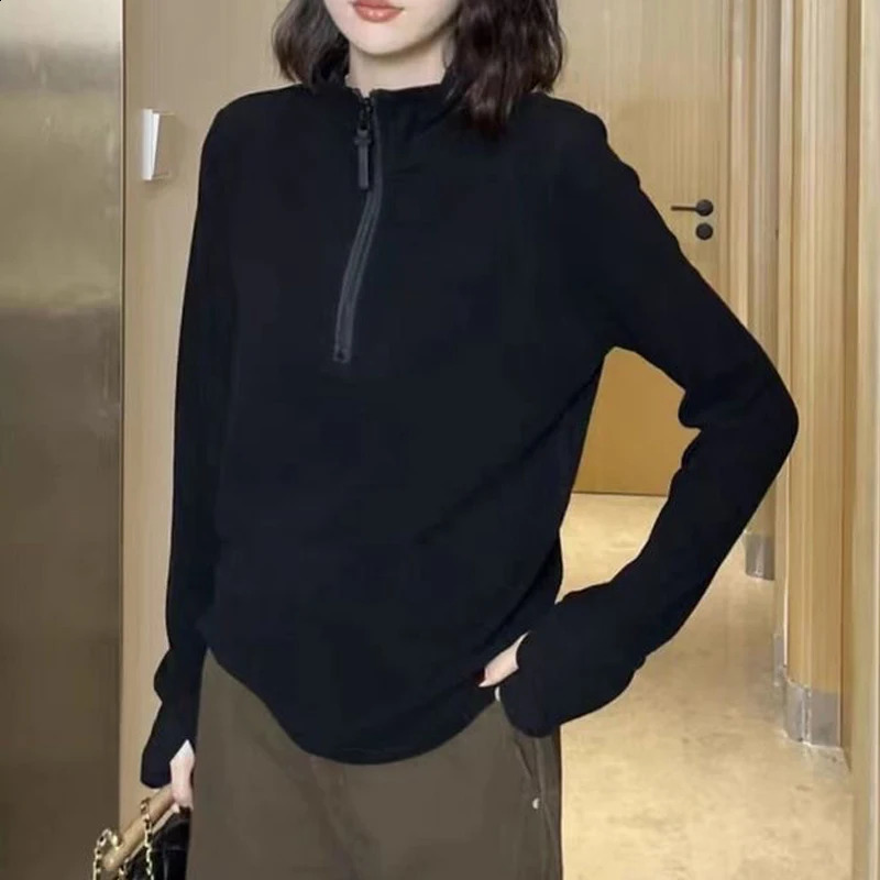 Women Trendy Half Zipper Stand Collar Simple Casual Sweatshirts Y2K Autumn Winter Female Solid Thicken Warm Basic Pullover Tops 240906