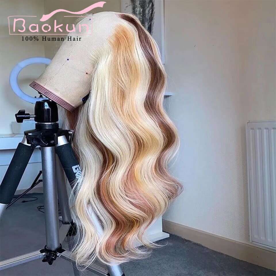 Green Highlight 13X6 Front 180 Density Orange Brown 613 Body Wave Human Hair Wigs 13X4 Transparent HD Lace Frontal Wig