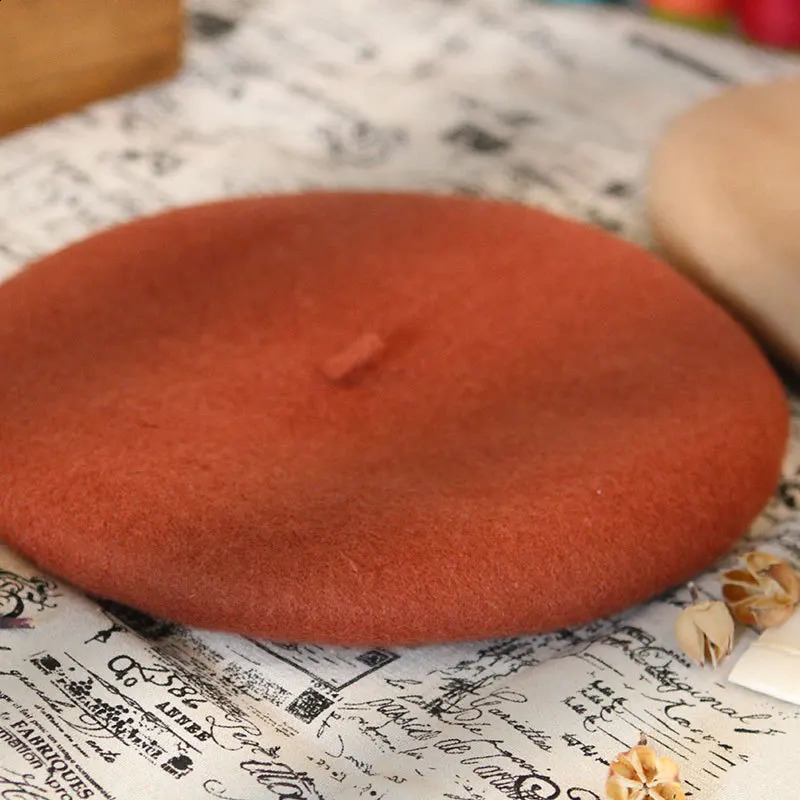 100% wool beret winter womens round artist French beret pumpkin solid thick warm headband 240914