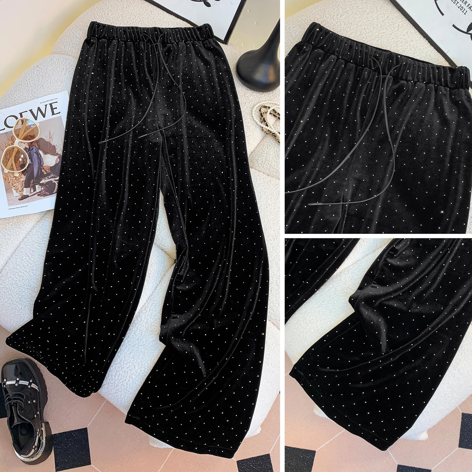 Black Wide Leg Womens Autumn and Winter Fashionable Chic Tie High Waist Straight Gold Velvet Casual Pants Z260314