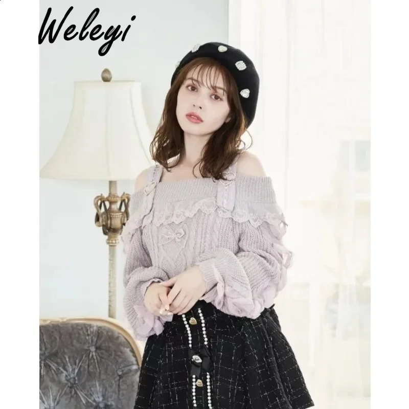 Jirai Kei Girl Knit Jumper Autumn Japanese Style Lolita Sweet Mine Off Shoulder Strap Lace Charming Knitted Sweater 240912
