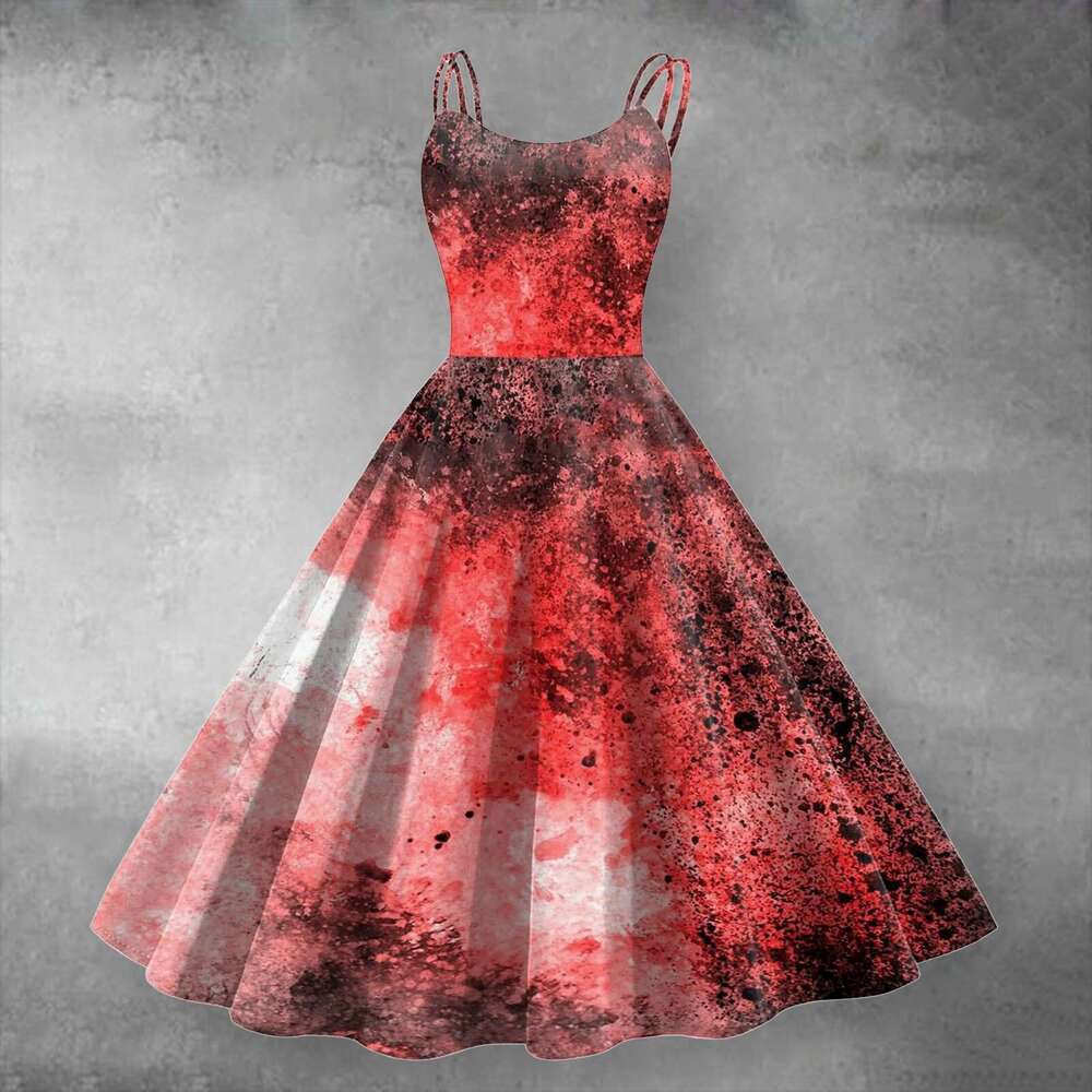 Women Dress Fashion Retro Halloween Cosplay Funny Horror Theme Bloody Printed Casual Suspender Strappy Dress Witch Costumes Ed1