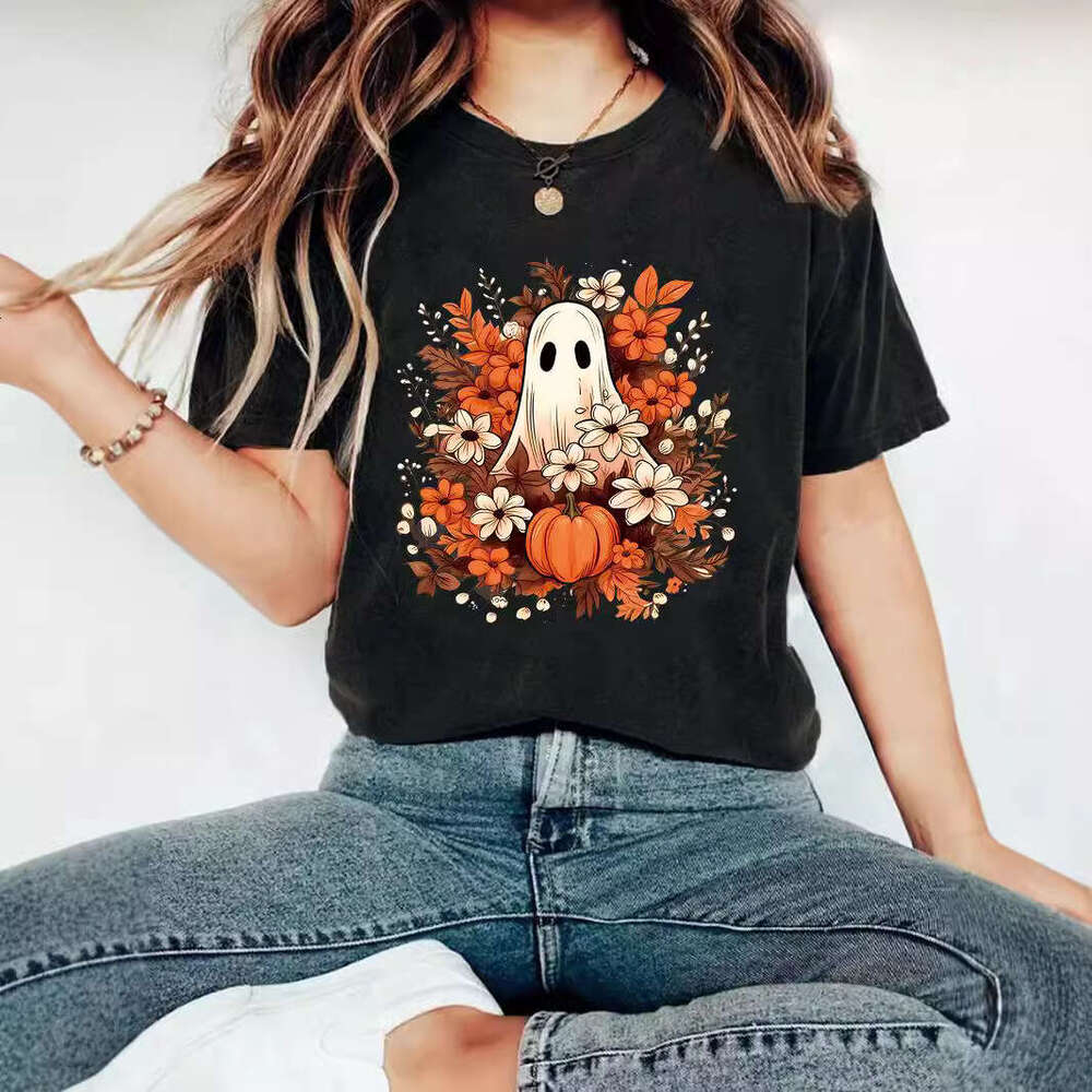 Hallowmas Summer Girl Ghost Flower Pattern Round Neck Short Sleeve Casual Fashion Halloween T-shirt