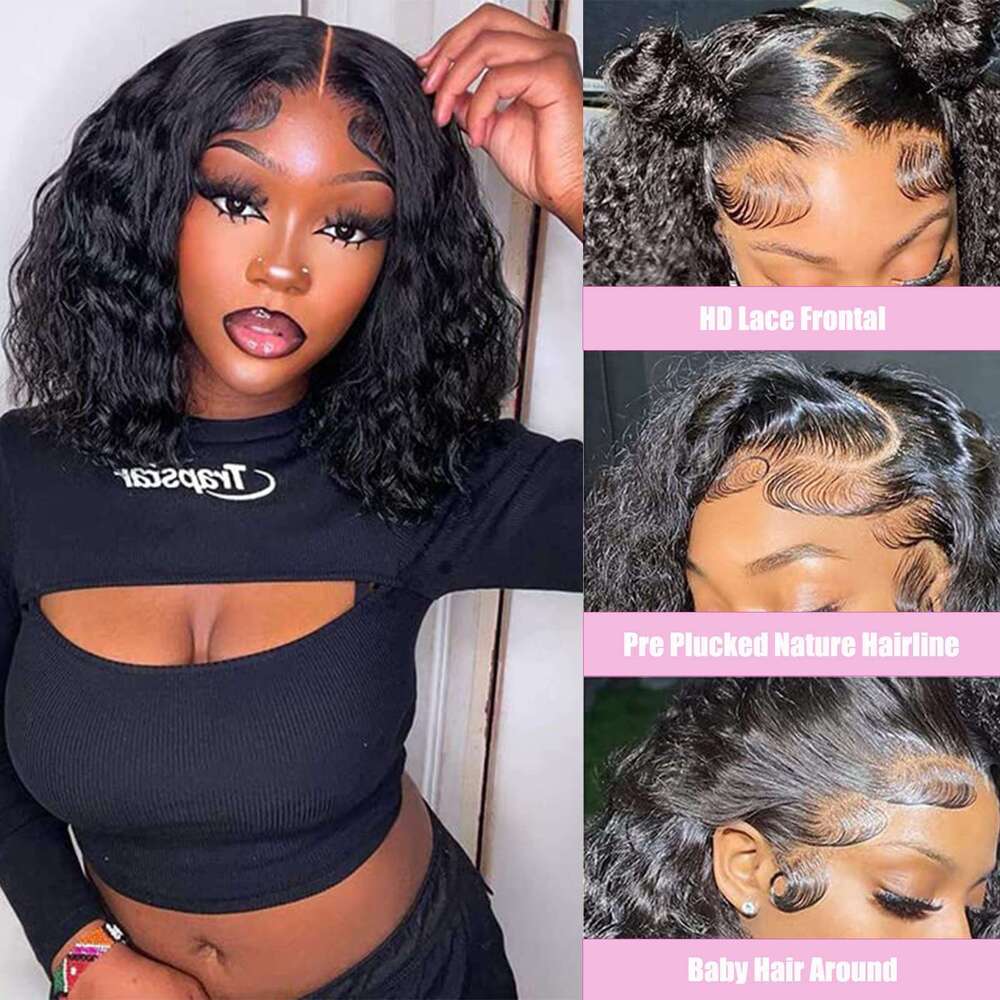 13X4 Lace Frontal Human Brazilian Deep Wave Bob Natural Haire Remy Short Curly Closure Wig Preplucked Baby Hair