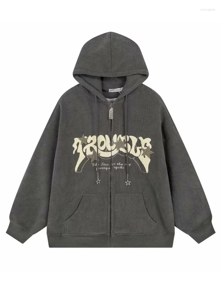 Men's Hoodies American Vintage Goth Corduroy Zip Up For Men Hip Hop Fashion Foam Print Jacket Women's Streetwear Sweatshirts