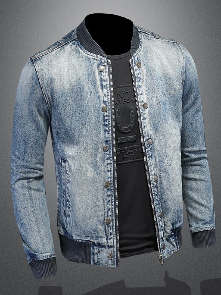 Mens Denim Bomber Jacket Slim Fit Vintage Moto Biker Short Cargo Coat Male Long Sleeve High Street Stand Collar Pilot Jackets