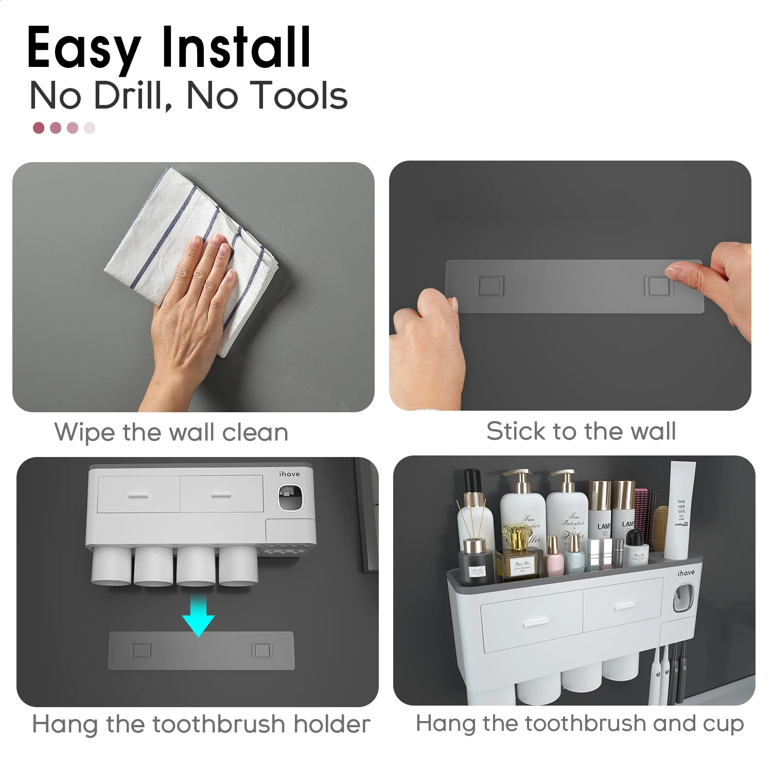 Toothbrush Holders for Bathrooms 4 Cups Toothbrush Holder Wall Mounted with Toothpaste Dispenser - Large Tray 2 Cosmetic Drawer 240913