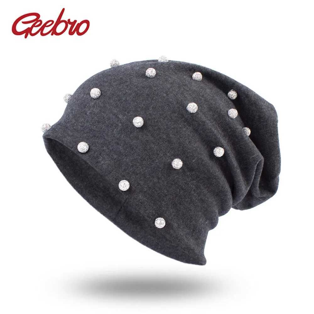 Beanie/Skull Caps Geebro Women #39 Beanie Hat SprCotton metal pearl hat suitable for womens hip-hop parties Beanie hat Rhinestone hat Skulls hat J2409