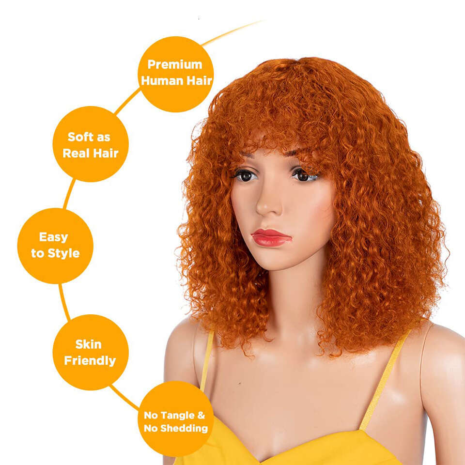 Ginger Jerry Curly Short E Bob Cut Remy Human Hair With Bangs Honey Blonde Orange Non Lace Front Wigs For Black Women