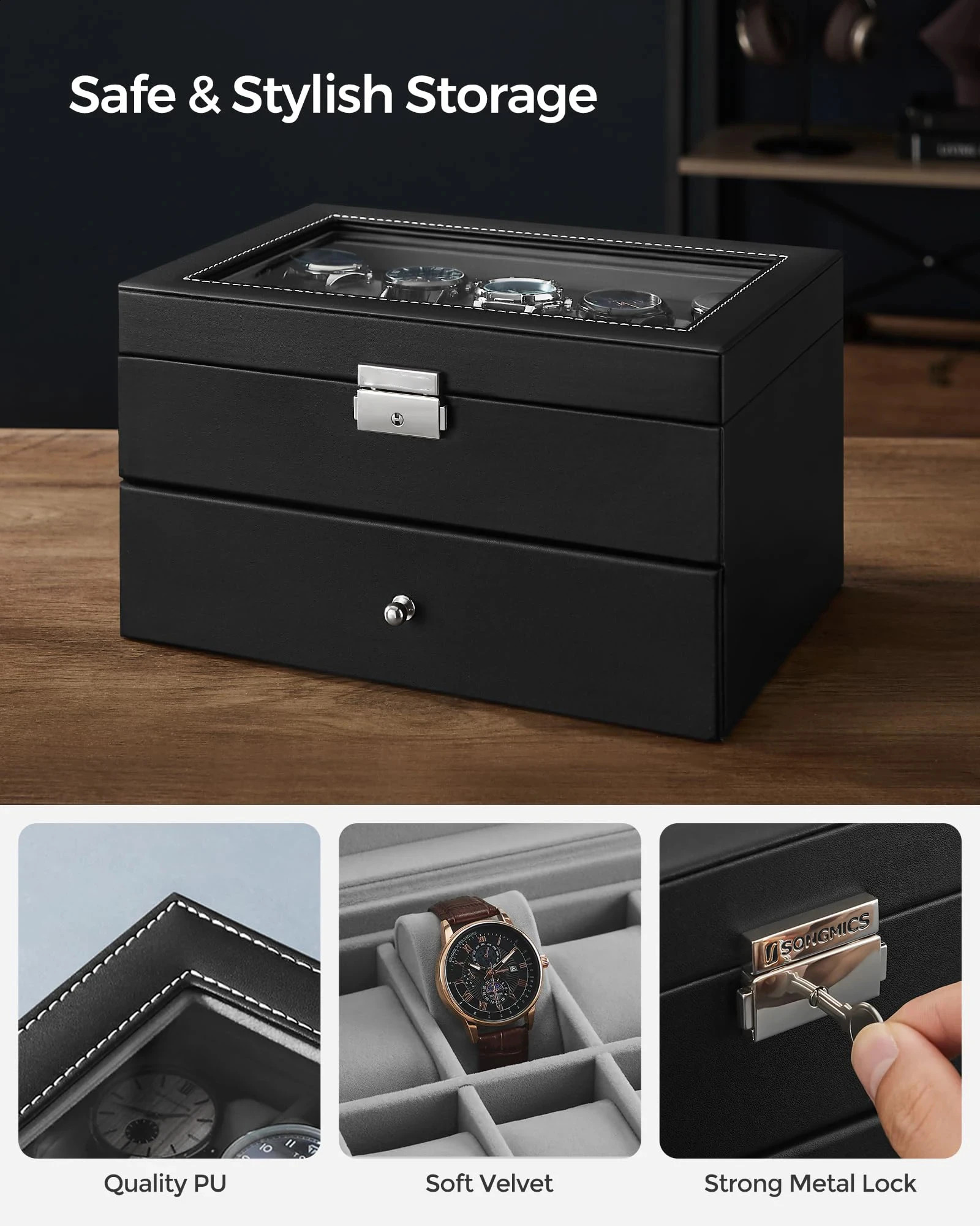 20 slot watch manager case with glass cover 2 layers lockable display black synthetic leather gray 240912