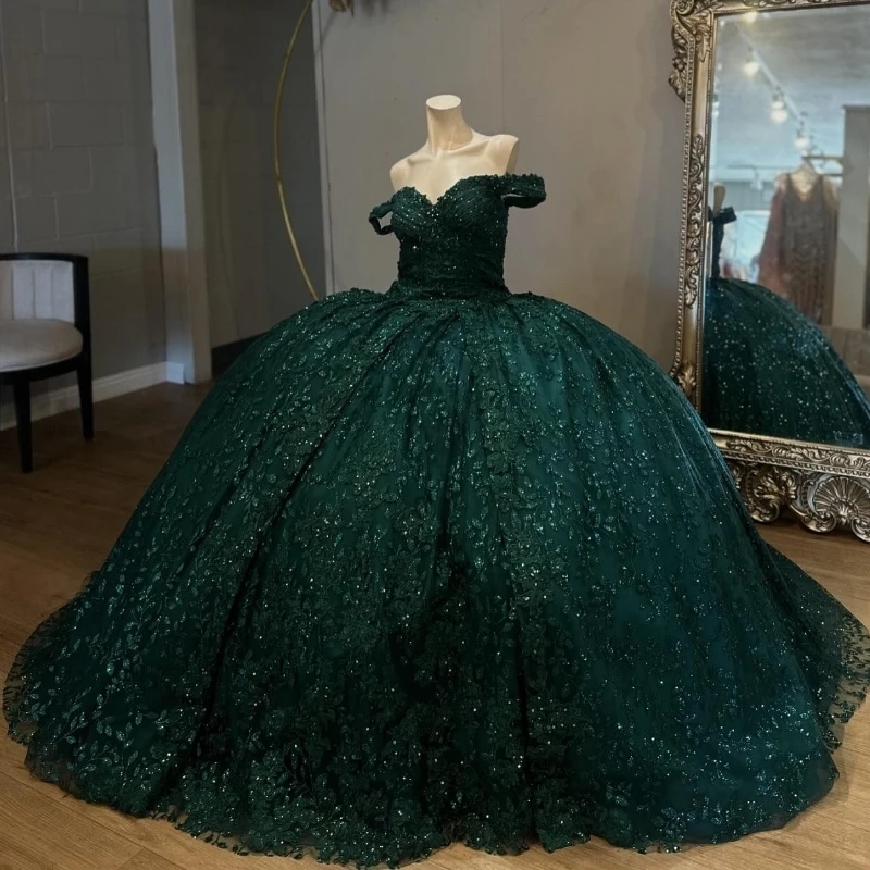 Blackish Green Mexican Quinceanera Dressess Luxury Sequin Applique Lace Beads Crystal Tull vestido 15 De Corset Lace Up Sweet 16 Dress