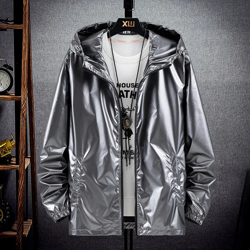 Men Shiny Jacket Shiny Silver Bright Hooded Zipper Bomber Jacket Autumn Thin Harajuku Windbreaker Waterproof Coats 240911